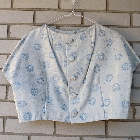 Vintage 60s Blue Silver Bolero Dress Jacket 42"B Rockabilly Shiny Brocade - Picture 6 of 13